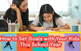 A mom helping her child write down goals for the school year in a notebook.