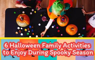 Kids participating in Halloween family activities - dressing up in costumes and painting pumpkins.
